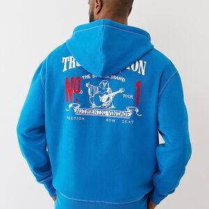 True Religion Blue Hoodie with Red and White Graphics